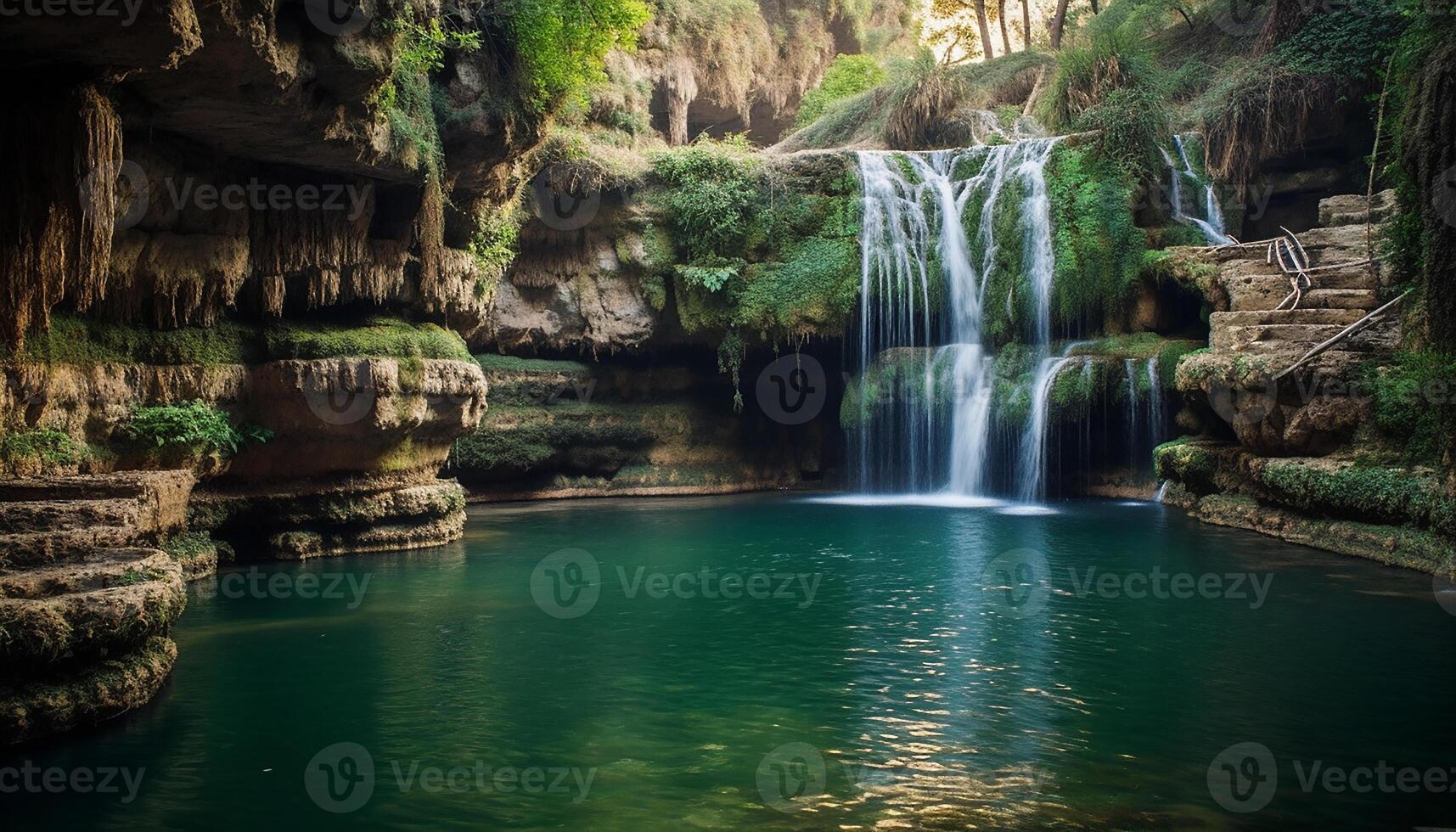 AI generated The majestic waterfall flows through the tropical rainforest, reflecting nature beauty generated by AI photo