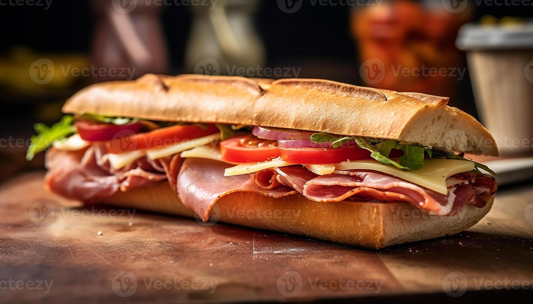 ai generado frescura en un de madera mesa A la parrilla Cerdo emparedado con jamón generado por ai foto