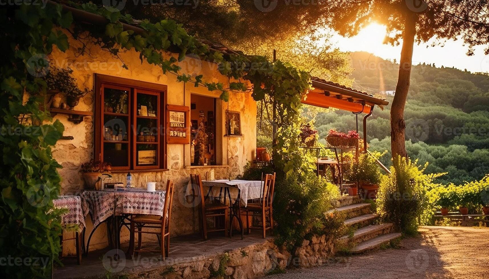 AI generated Wooden chair on a rustic patio, surrounded by plants and lanterns generated by AI photo