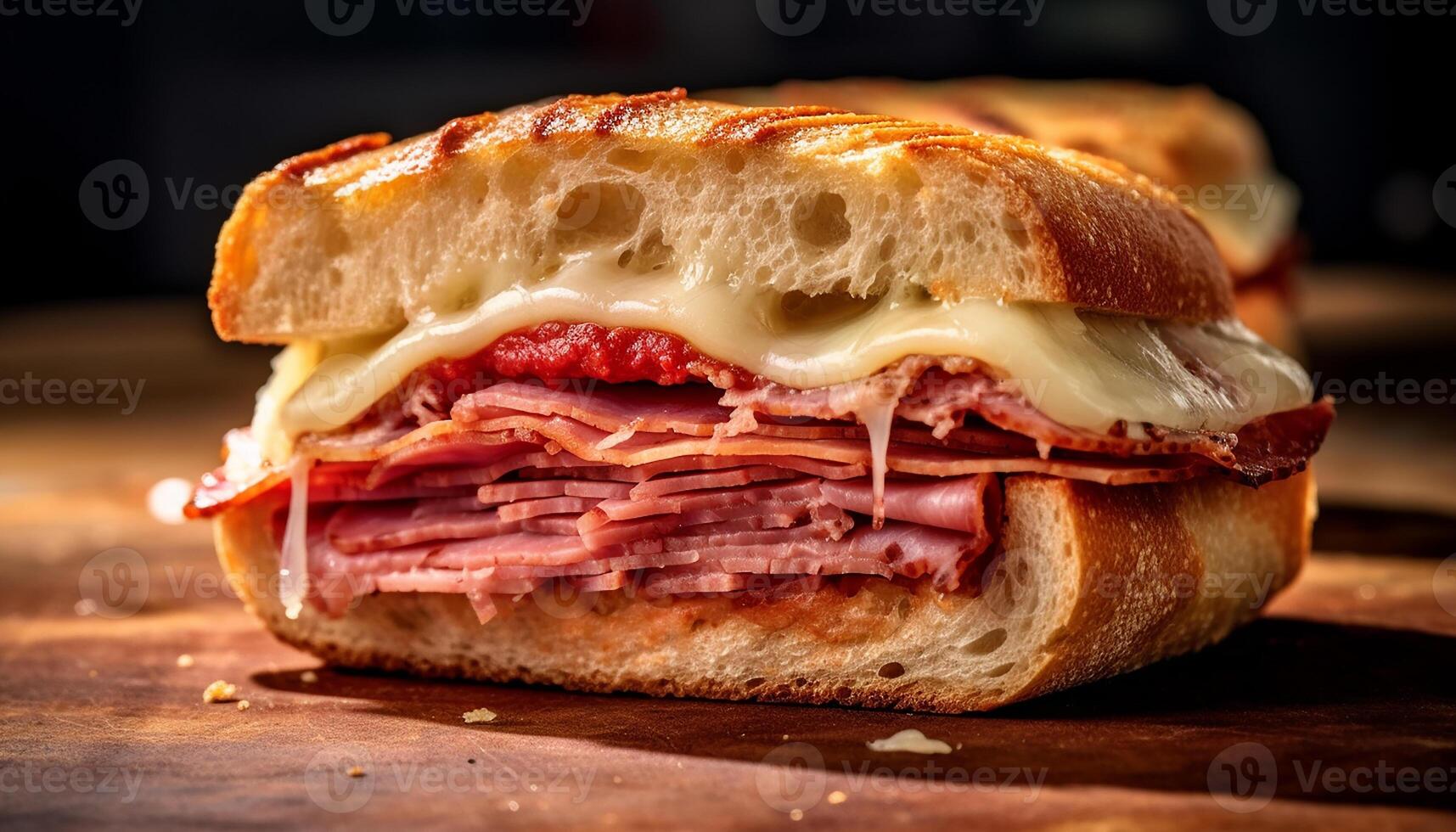 ai generado frescura en un rústico mesa A la parrilla carne sándwich, Listo a comer generado por ai foto