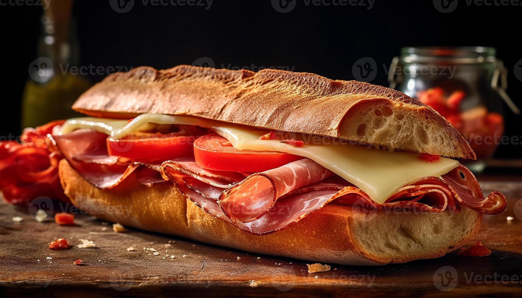 ai generado frescura en un rústico mesa A la parrilla jamón emparedado con tomate generado por ai foto