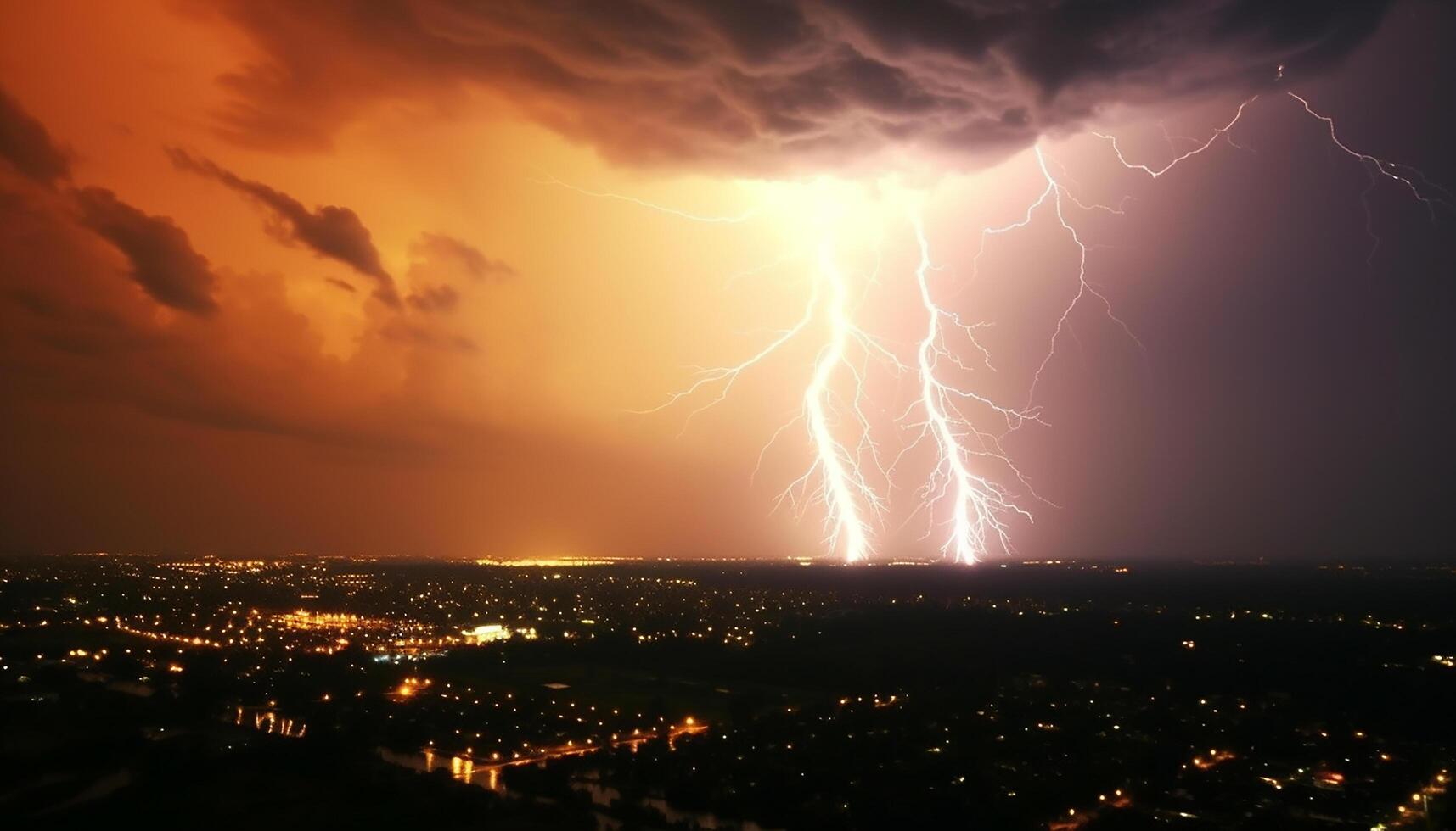 AI generated Bright sky illuminates city skyline, igniting nature explosive beauty generated by AI photo