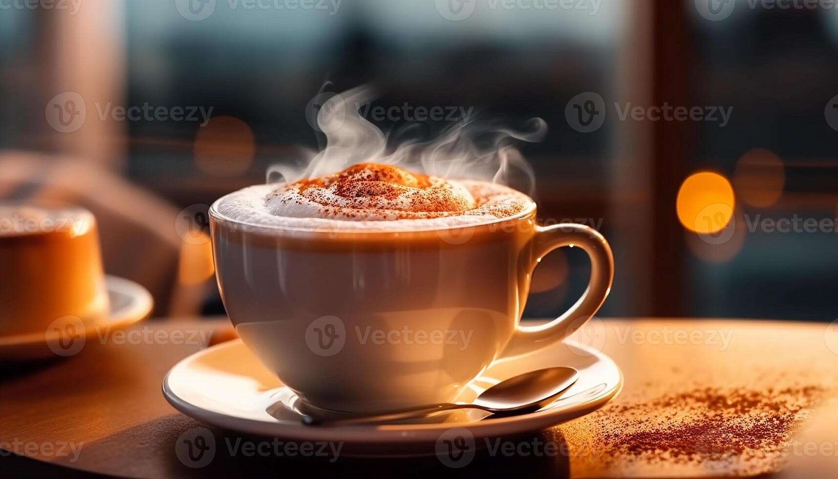 AI generated Hot coffee cup on wooden table with frothy milk foam generated by AI photo