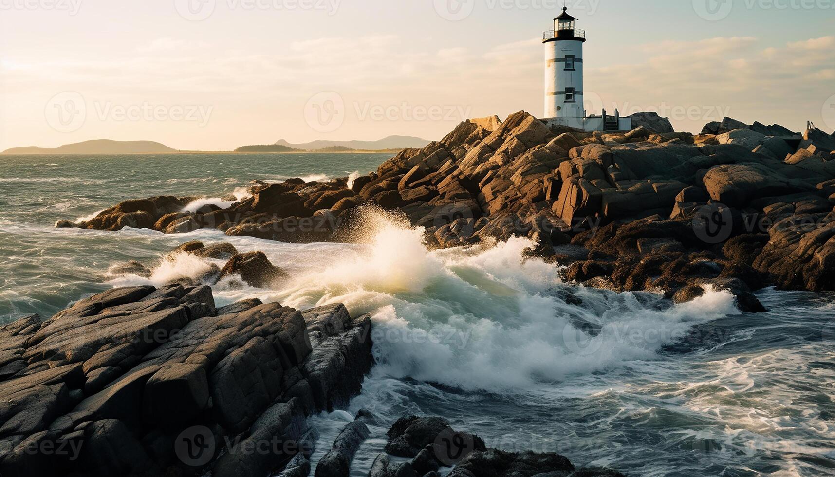 AI generated Tranquil sunset, breaking wave, coastline reflects beauty in nature generated by AI photo