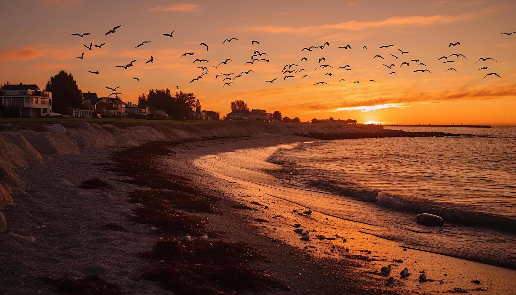 AI generated Sunset over the tranquil coastline, seagull flying in the sky generated by AI photo