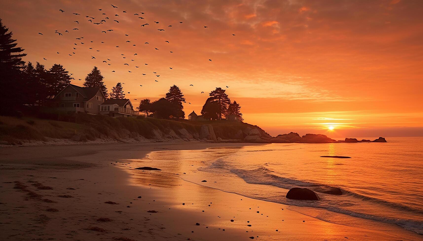 AI generated Sunset over tranquil coastline, nature beauty reflected in water generated by AI photo