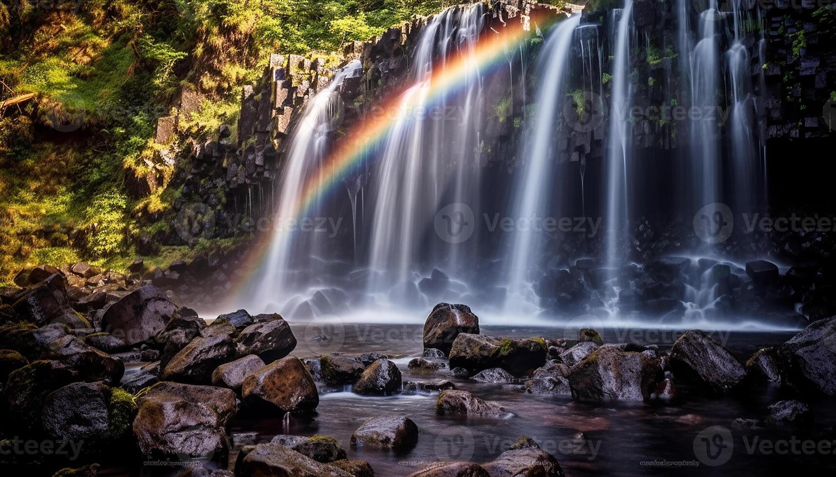 AI generated Majestic waterfall cascades through lush green forest, creating tranquil beauty generated by AI photo