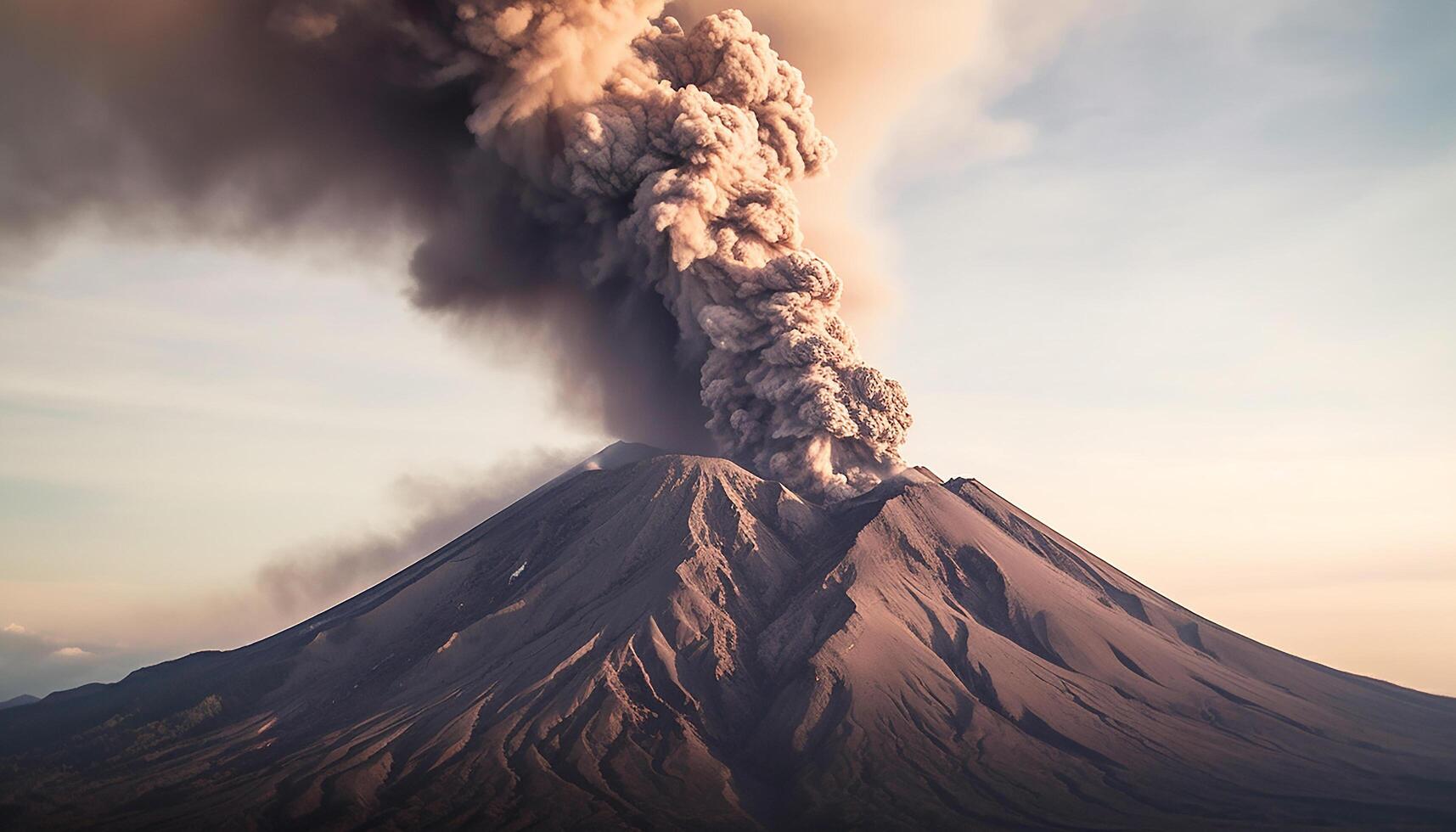 AI generated Erupting mountain releases smoke, ash, and steam in fiery landscape generated by AI photo