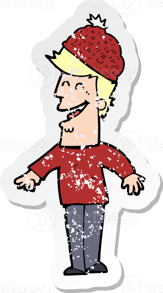 retro distressed sticker of a cartoon man wearing winter hat png
