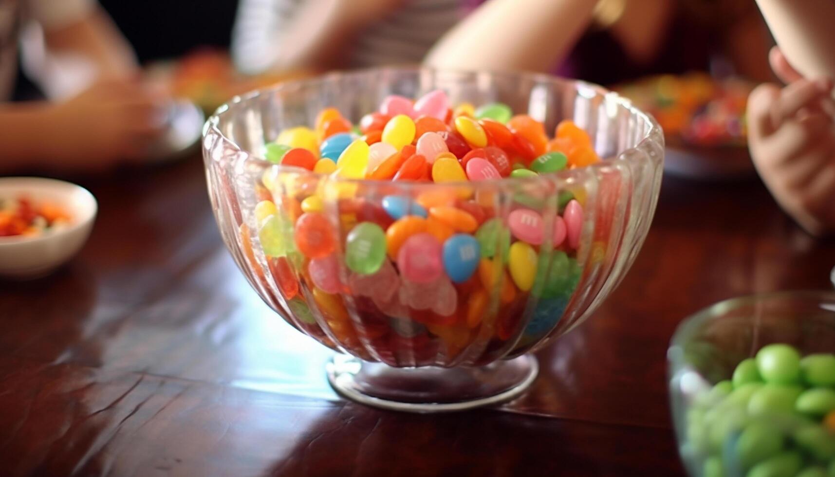 AI generated Colorful candy bowl on table, childhood fun and indulgence generated by AI photo