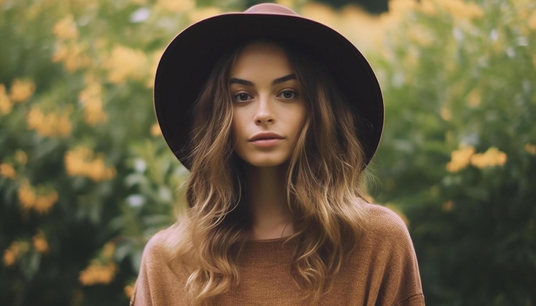 AI generated One beautiful woman, young and confident, standing outdoors in nature generated by AI photo