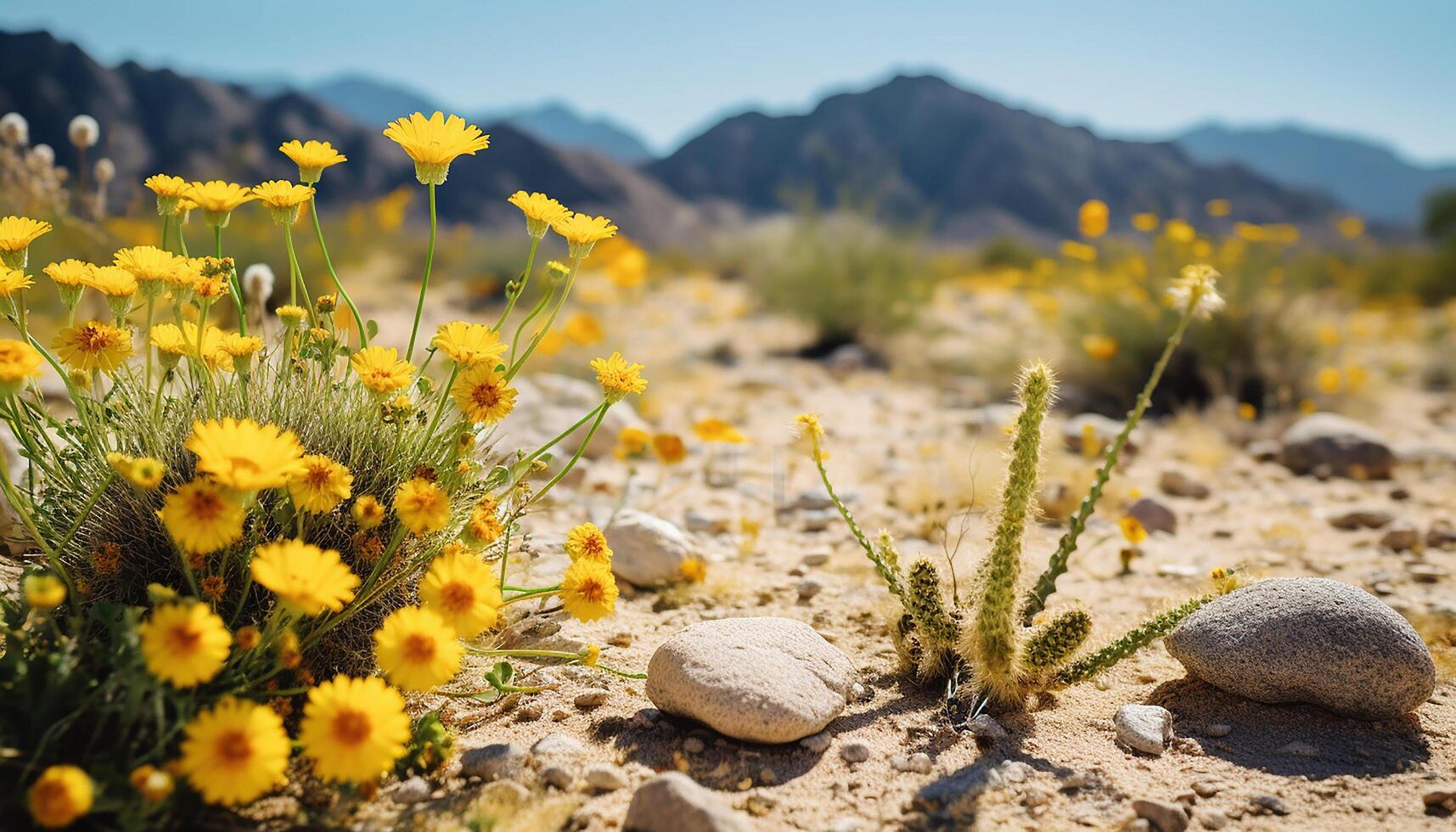 AI generated Summer meadow yellow flowers bloom, mountains frame the landscape generated by AI photo