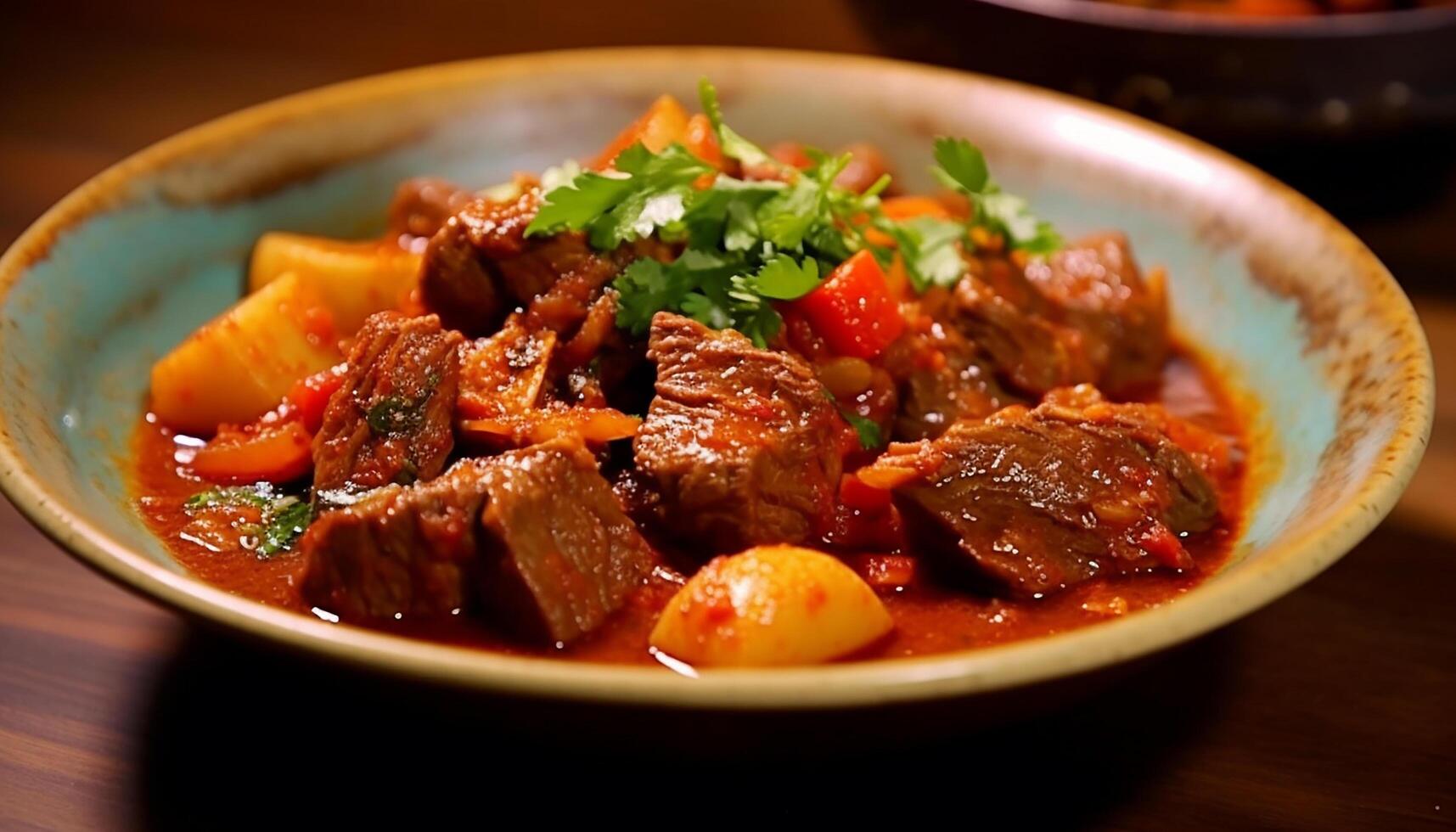 AI generated A savory beef stew cooked with fresh vegetables and spices generated by AI photo