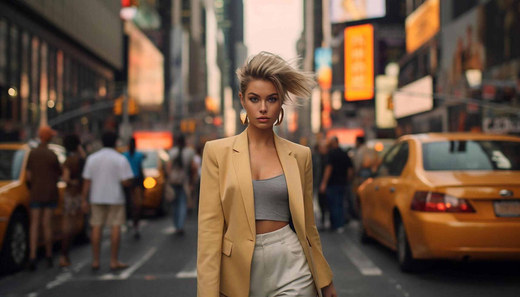 ai generado confidente mujer de negocios caminando en ciudad, elegancia y belleza en movimiento generado por ai foto