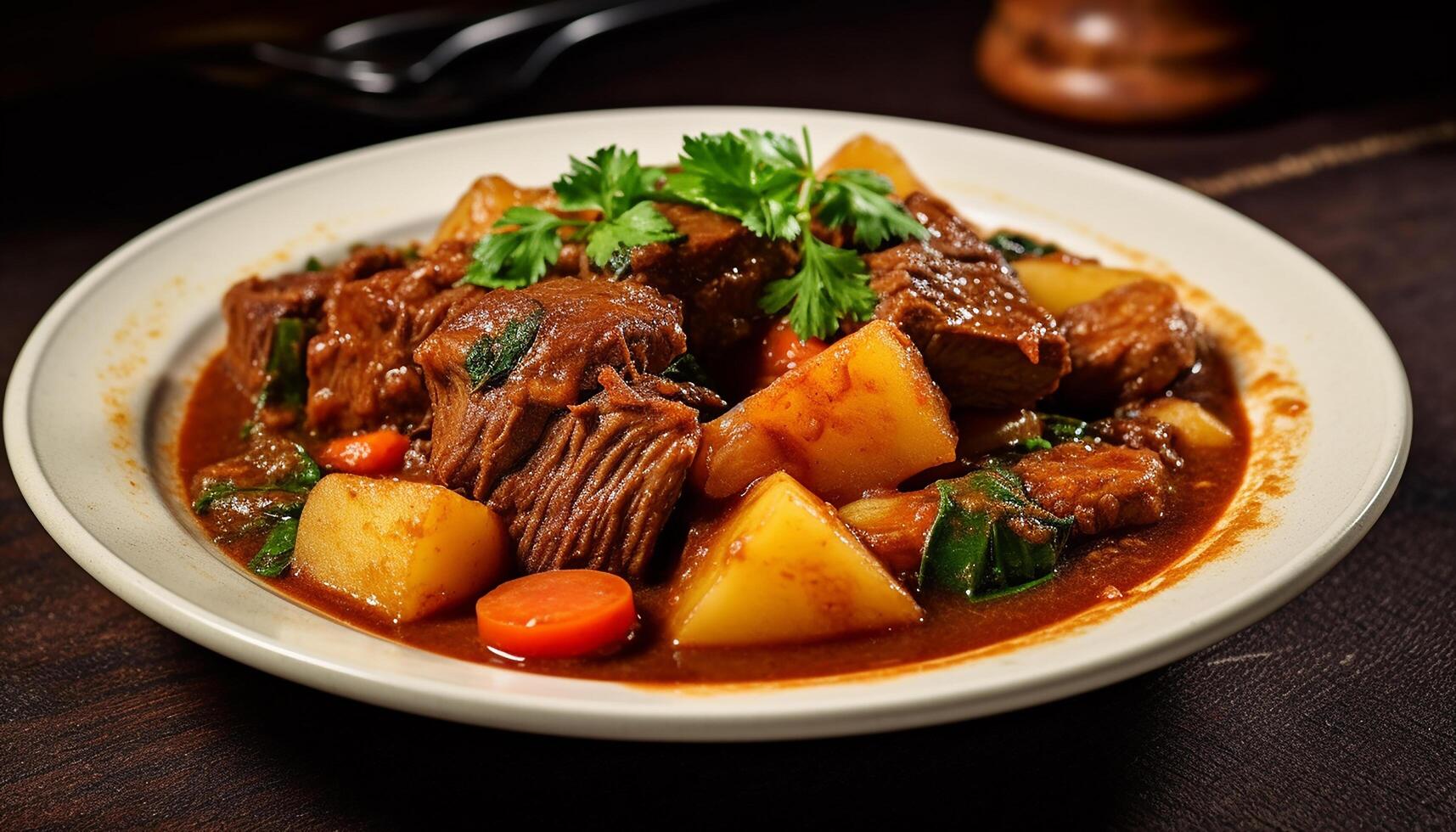 AI generated Gourmet meal braised pork stew with fresh beef and vegetables generated by AI photo