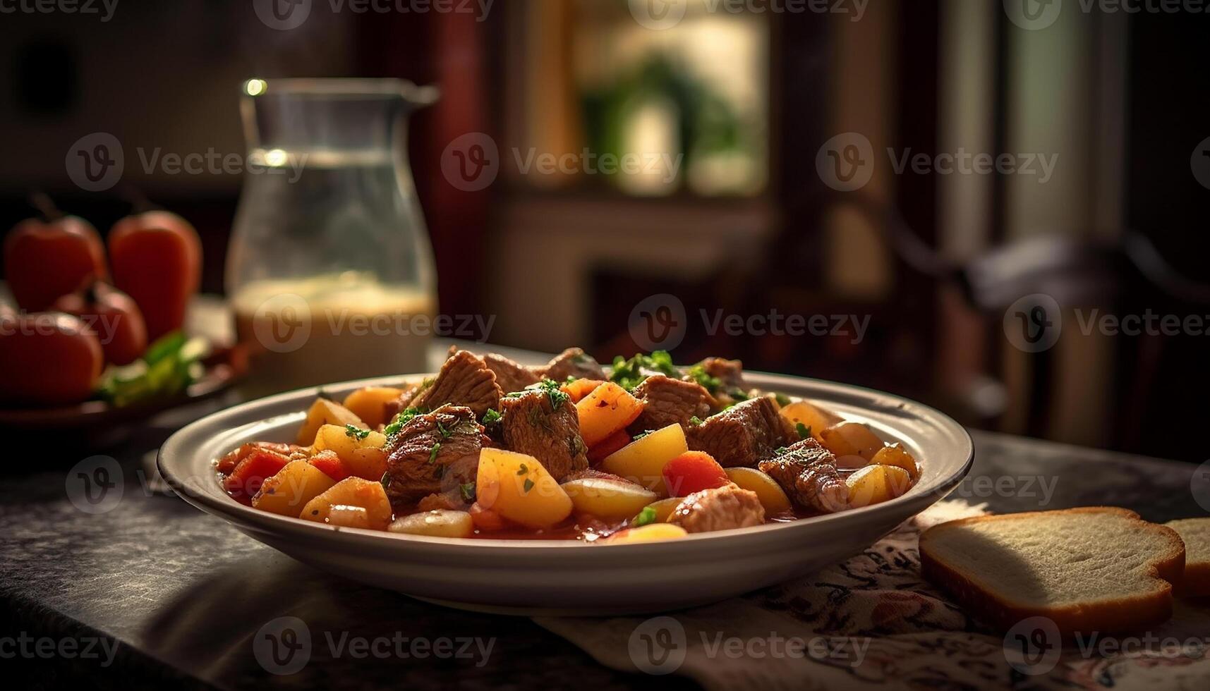 AI generated Fresh, healthy meal vegetarian stew with homemade bread and salad generated by AI photo