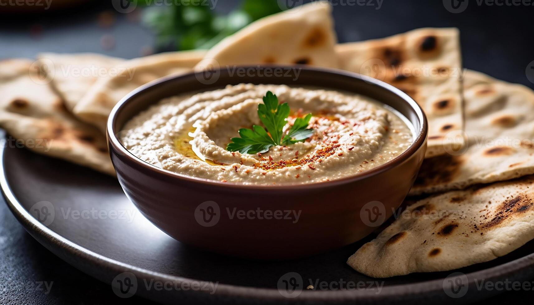 ai generado sano comiendo Fresco hummus inmersión en Agave un pan con vegetales generado por ai foto