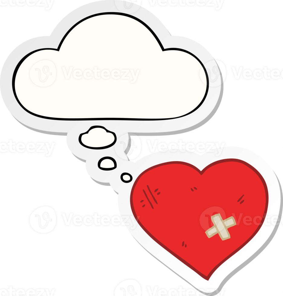 cartoon love heart with sticking plaster with thought bubble as a printed sticker png