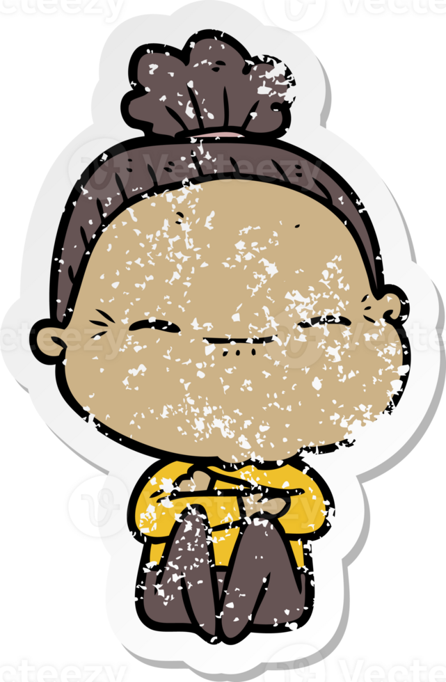 distressed sticker of a cartoon peaceful old woman png