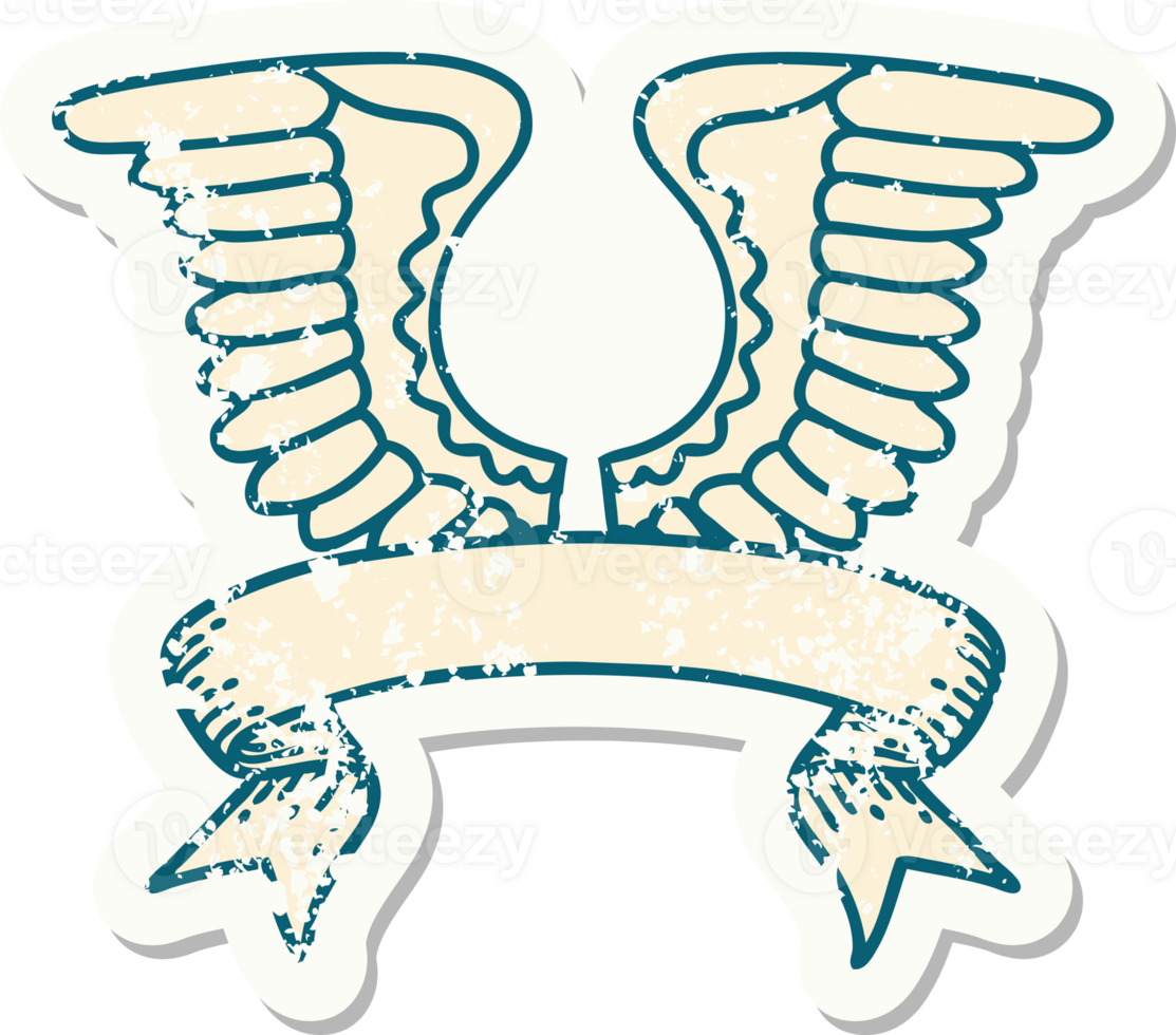 worn old sticker with banner of a wing png