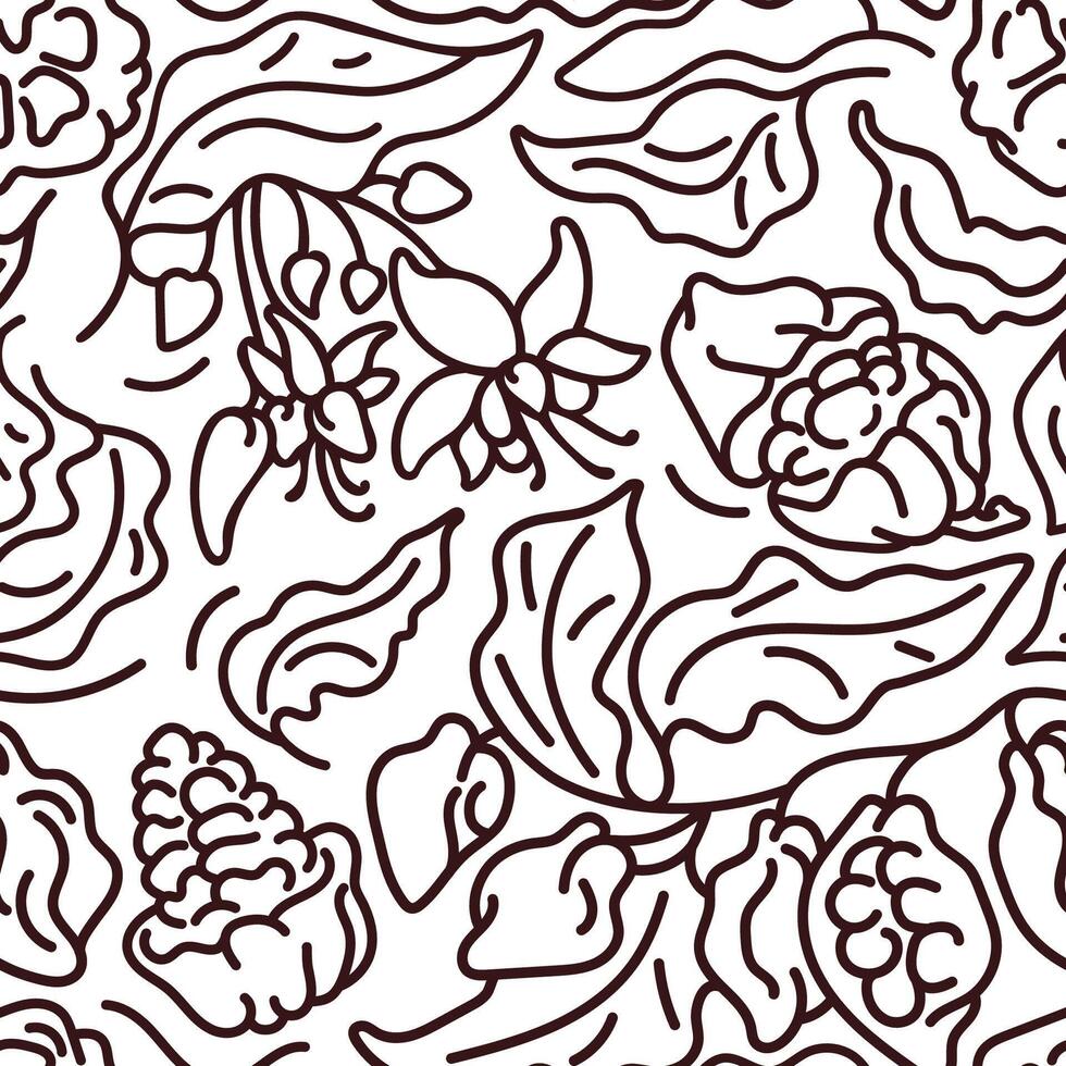 cacao sin costura modelo. vector naturaleza árbol, hoja, dulce frijol, flor en floración, orgánico fruta. mano dibujado ilustración, comida bosquejo en blanco antecedentes. gráfico Arte línea impresión. sencillo fondo de pantalla