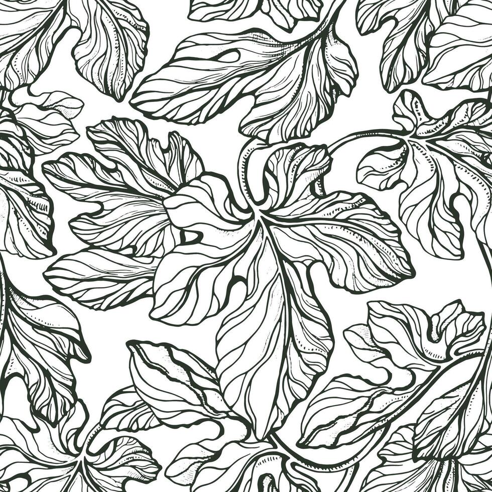 Foliage seamless pattern. Vector texture leaf. Botanical art hand drawn vintage illustration. Graphic simple camouflage. Abstract monochrome print. Figs tree