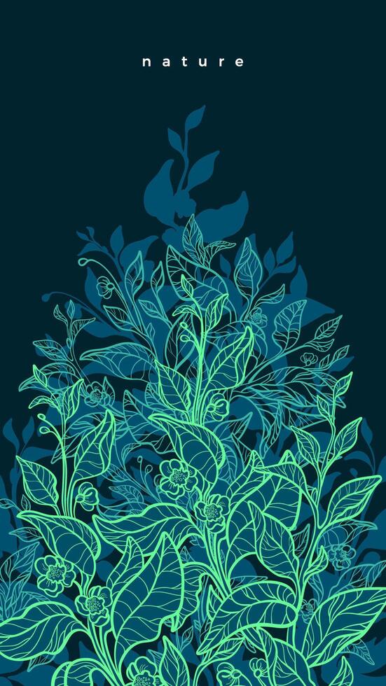 Vector nature neon background. Art line green plant, organic flora. hand drawn graphic template, bio illustration. Botany pattern. Tea bush, branch, flower in bloom, night leaf