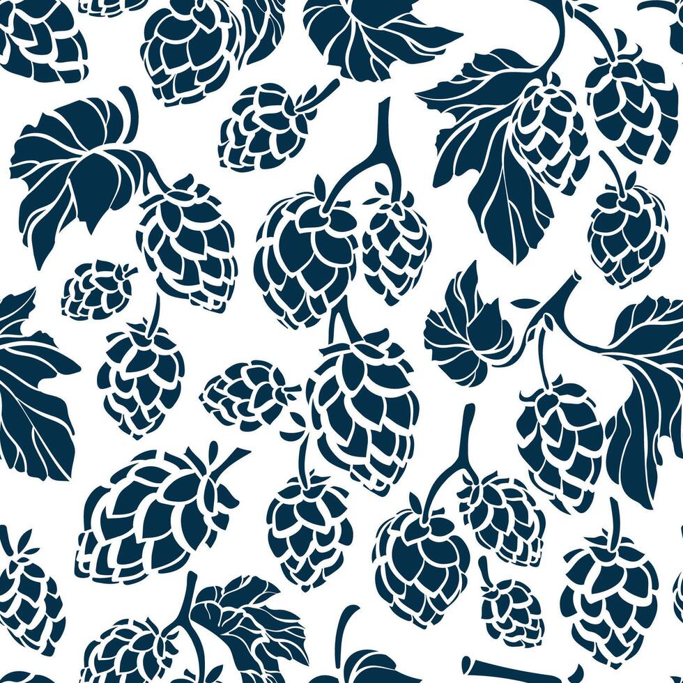 Hop seamless pattern. Vector drawn green branch, silhouette of leaf on white background. Organic malt natural beer. Simple print. Botanical illustration