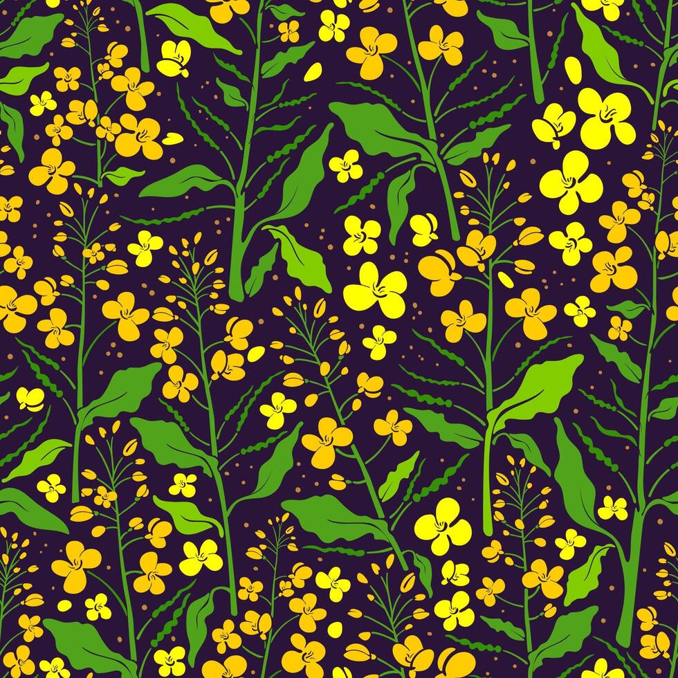 vector flor sin costura modelo. canola colocar, mostaza planta. color verde hoja, brote, semilla, amarillo flora. retro Moda impresión. verano campo en floración, Arte textil antecedentes