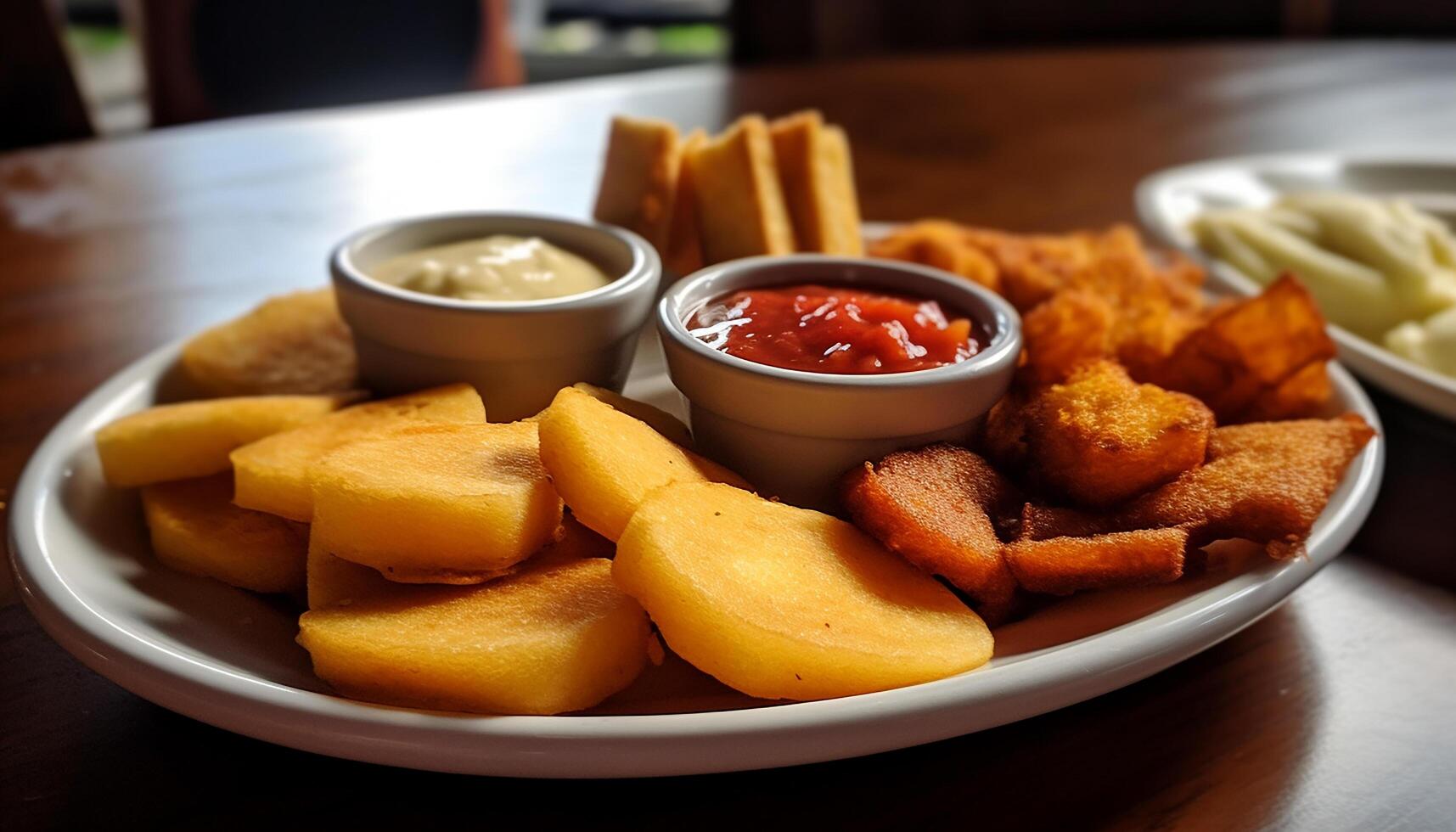 AI generated Freshly grilled gourmet meat with crispy potato wedges and sauce generated by AI photo