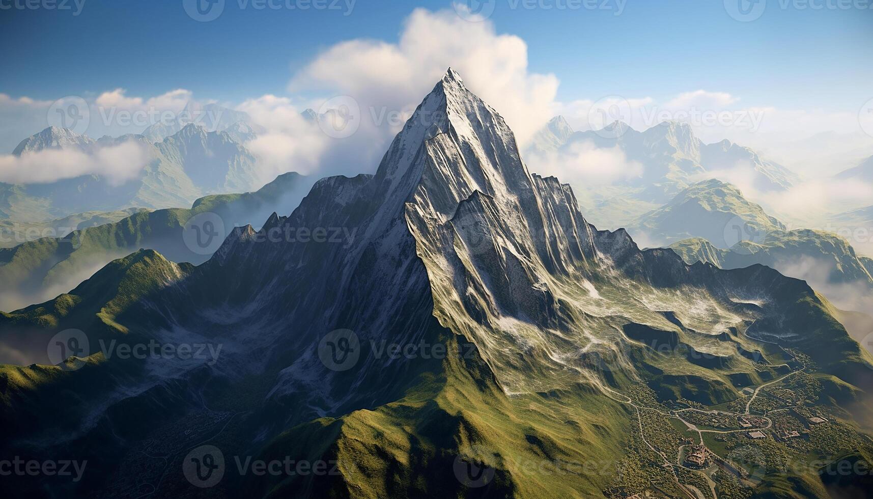 AI generated Mountain peak, majestic landscape, outdoors, snow, cloud, sky, travel adventure generated by AI photo