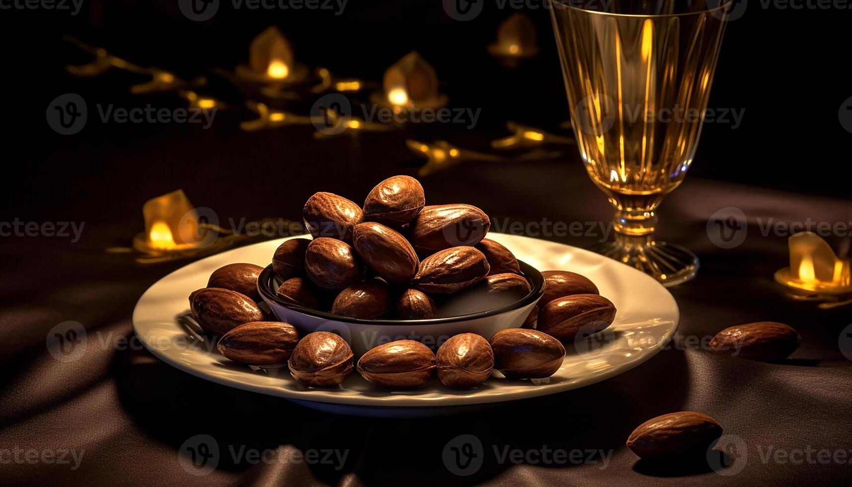 AI generated Fresh almond snack on wooden table, candlelight adds warmth generated by AI photo