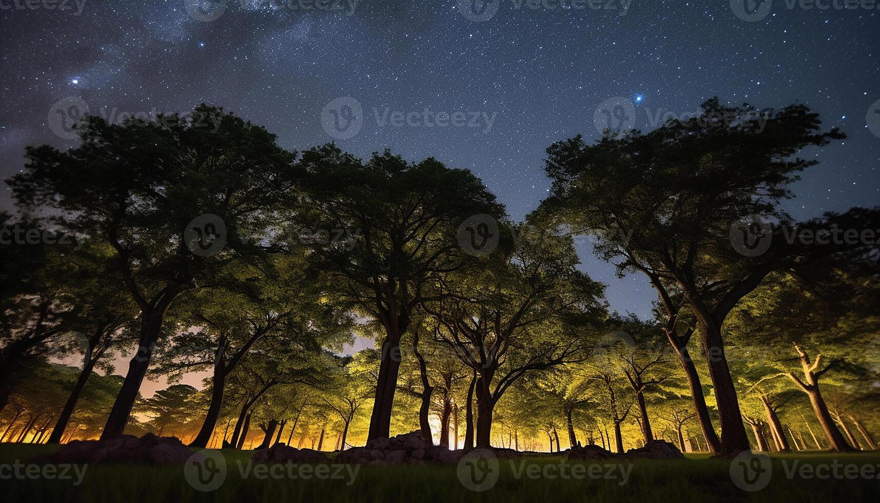 AI generated Silhouette of tree in dark forest, starlit night, mysterious beauty generated by AI photo