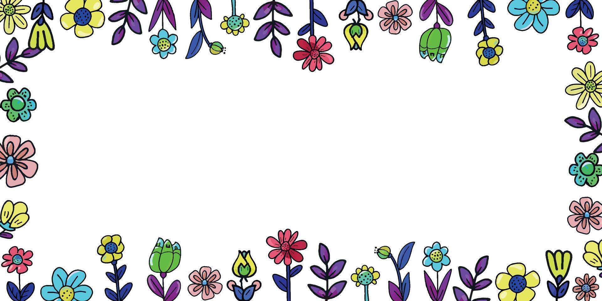 Postcard, Banner, Poster with Flowers and Grass with Space for Doodle Style Text vector