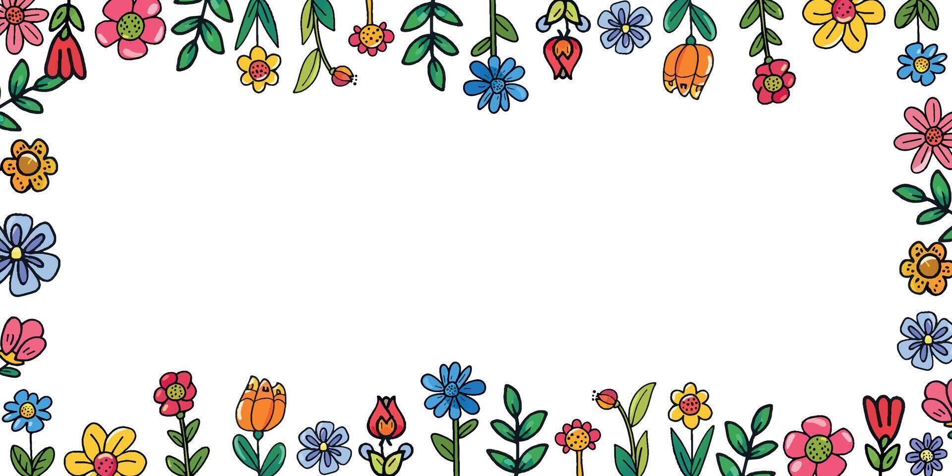Postcard, Banner, Poster with Flowers and Grass with Space for Doodle Style Text vector