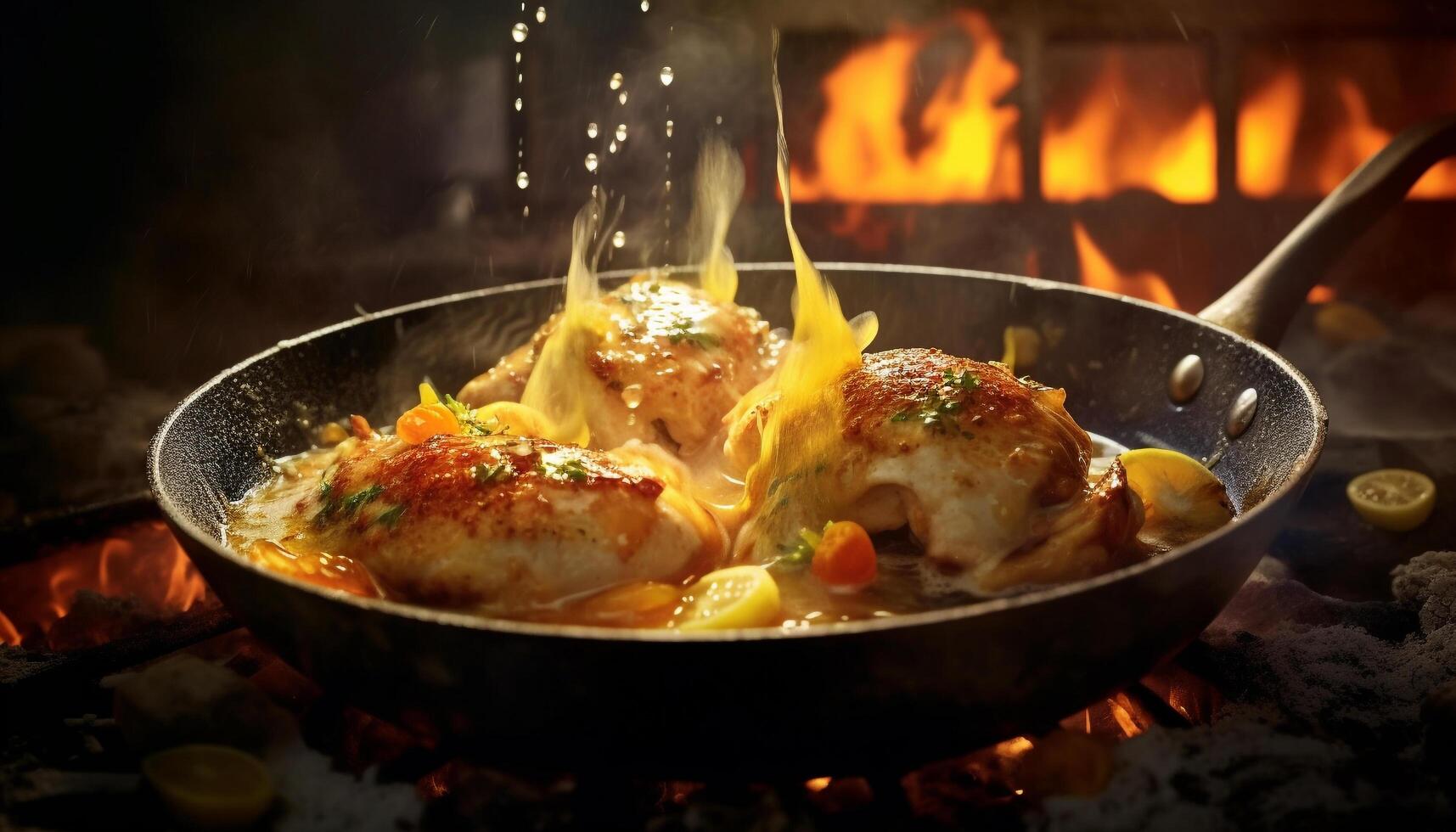 AI generated Grilled chicken leg, cooked to perfection on fire generated by AI photo