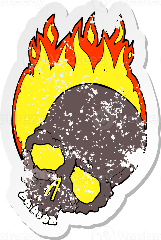 retro distressed sticker of a cartoon burning skull png
