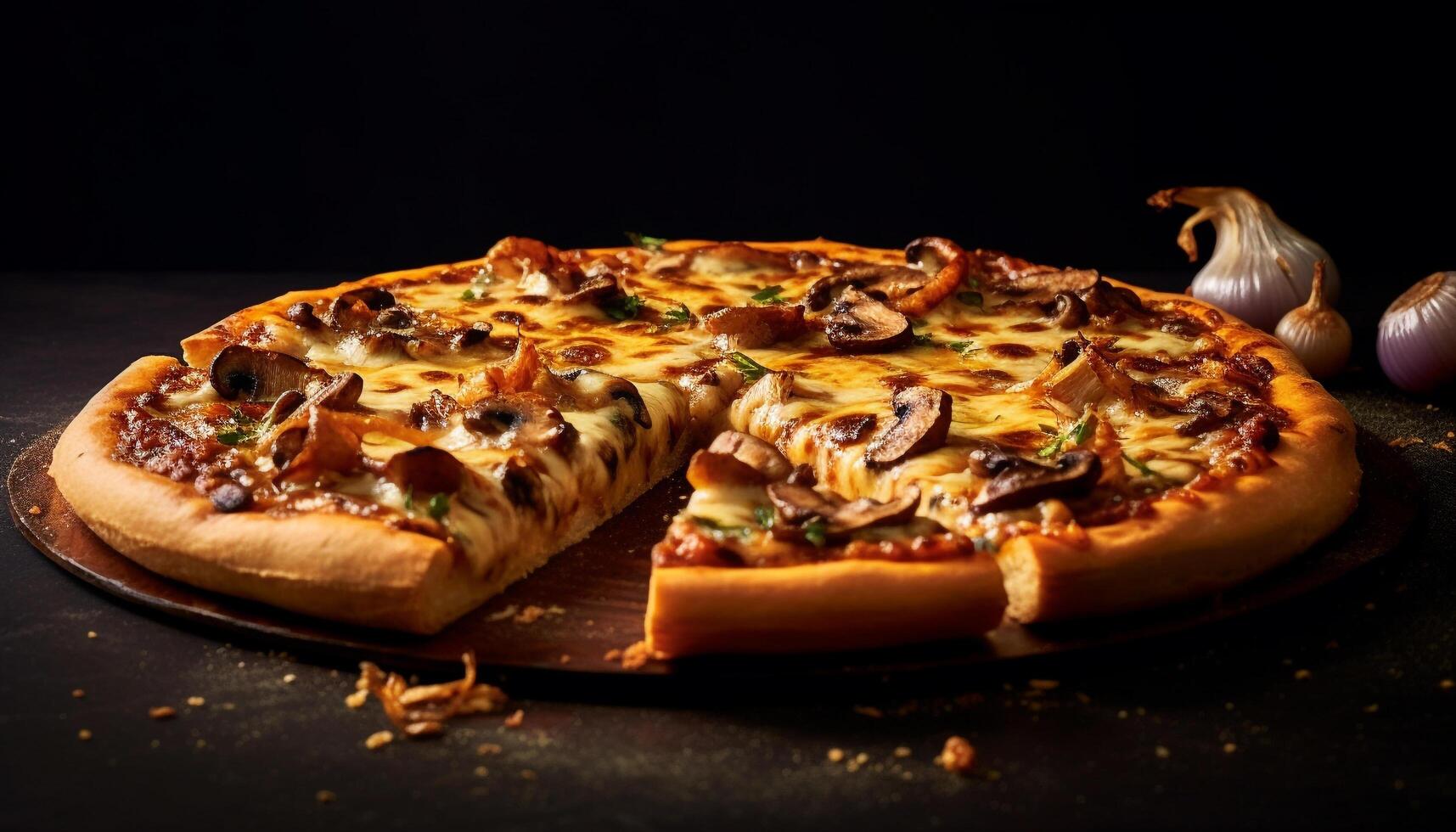 AI generated Freshly baked pizza with mozzarella, tomato, and vegetables generated by AI photo
