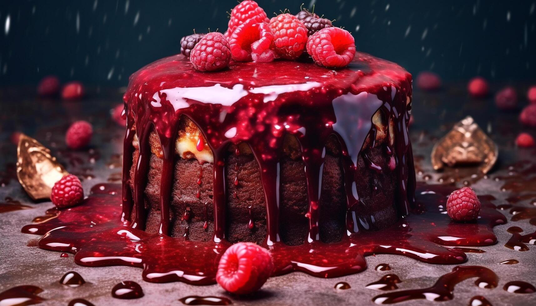 AI generated Indulgent homemade chocolate dessert with fresh raspberry sauce generated by AI photo