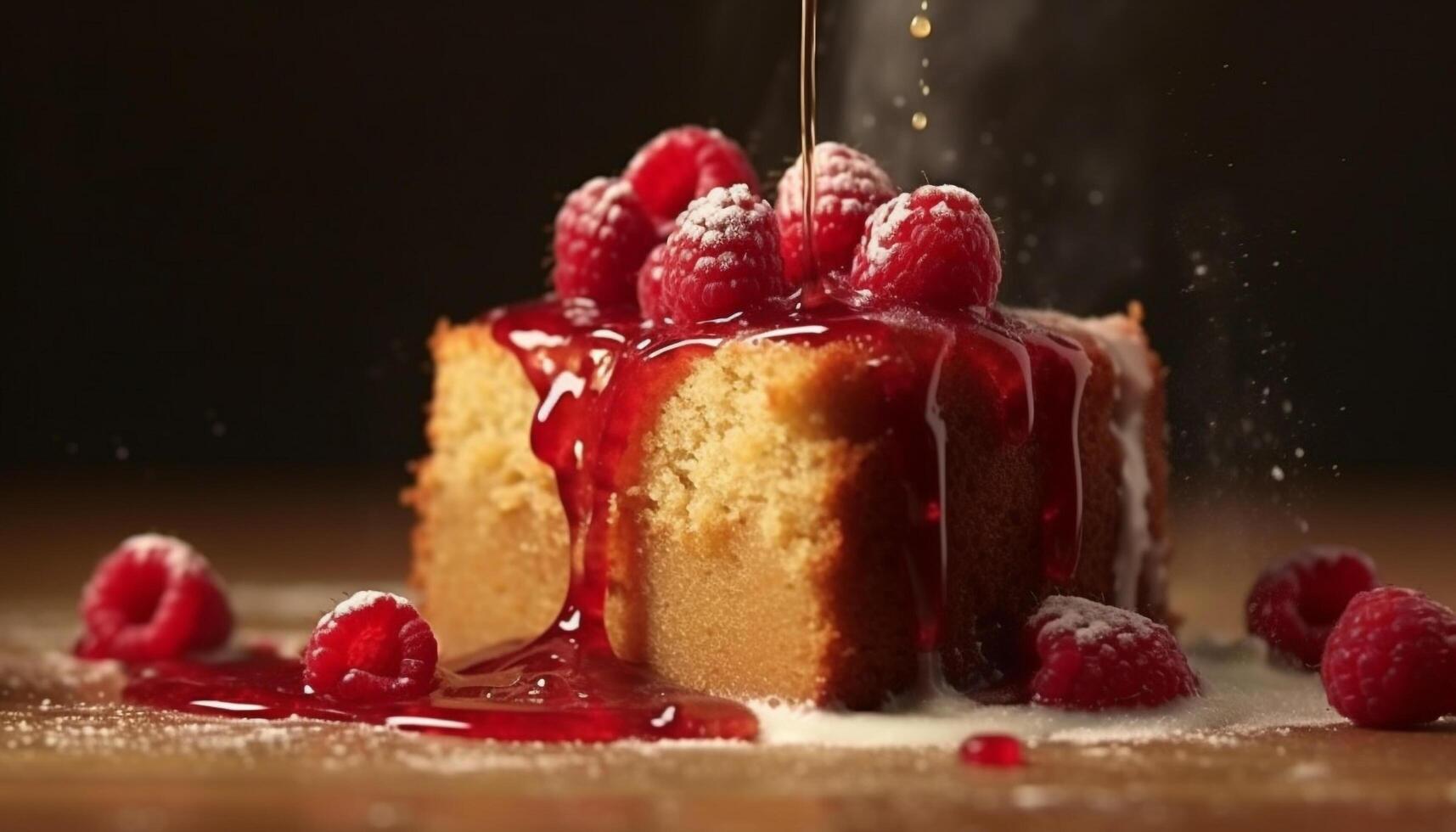 AI generated Fresh raspberry cheesecake on a wooden dessert plate generated by AI photo