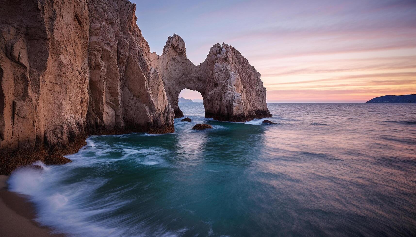 ai generado majestuoso acantilado, tranquilo aguas, puesta de sol terminado horizonte generado por ai foto