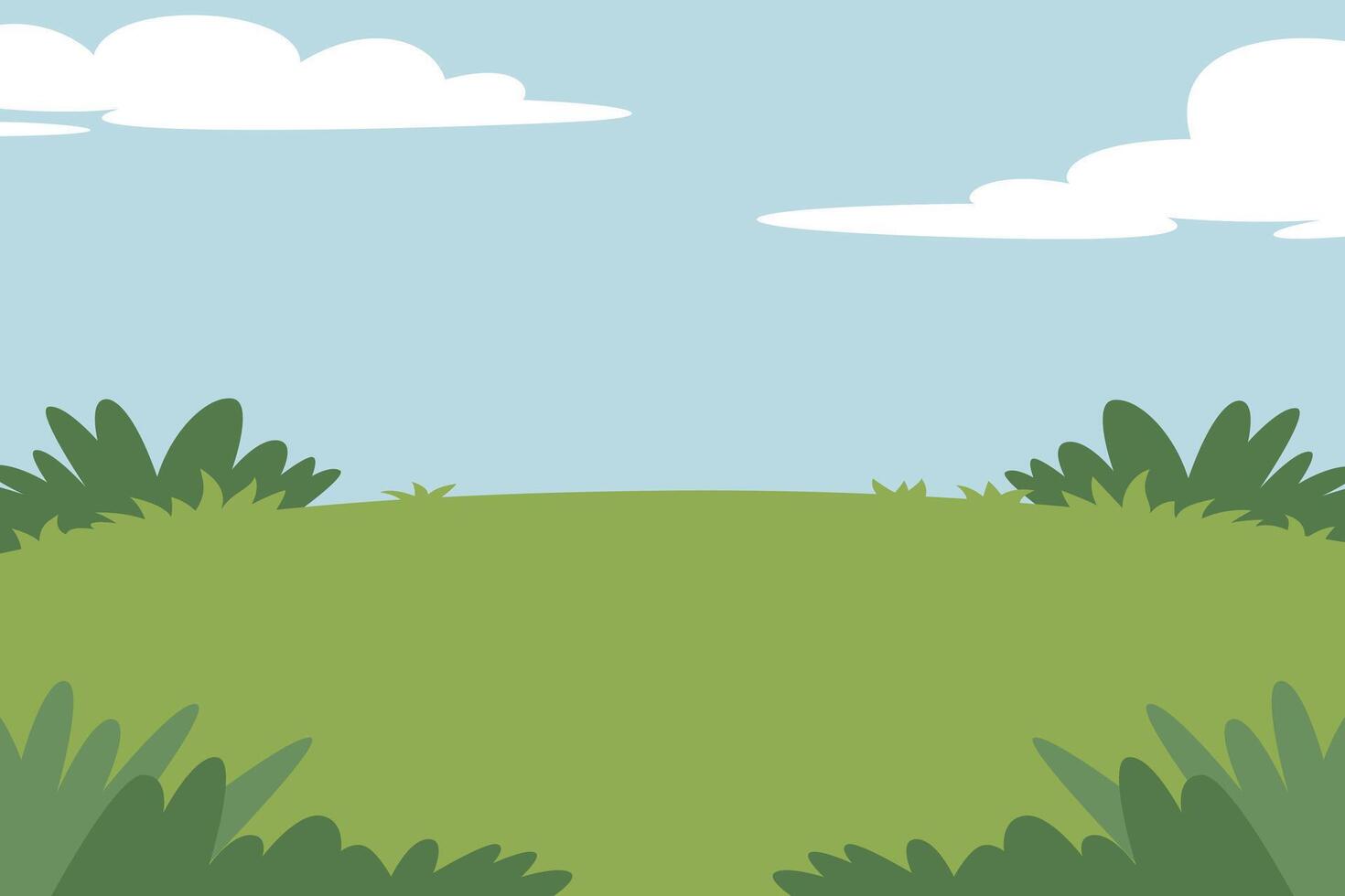 Landscape cartoon scene with green grass and lawn. White clouds on the background of summer blue sky. Flat vector