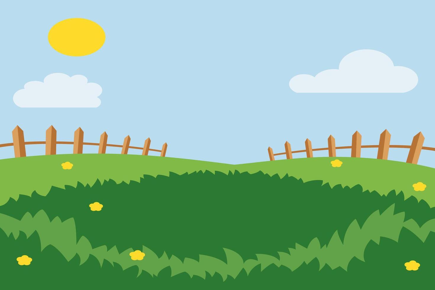 Landscape cartoon scene with green hills with flowers and a lawn with a fence and clouds on the background of summer blue sky. Flat vector