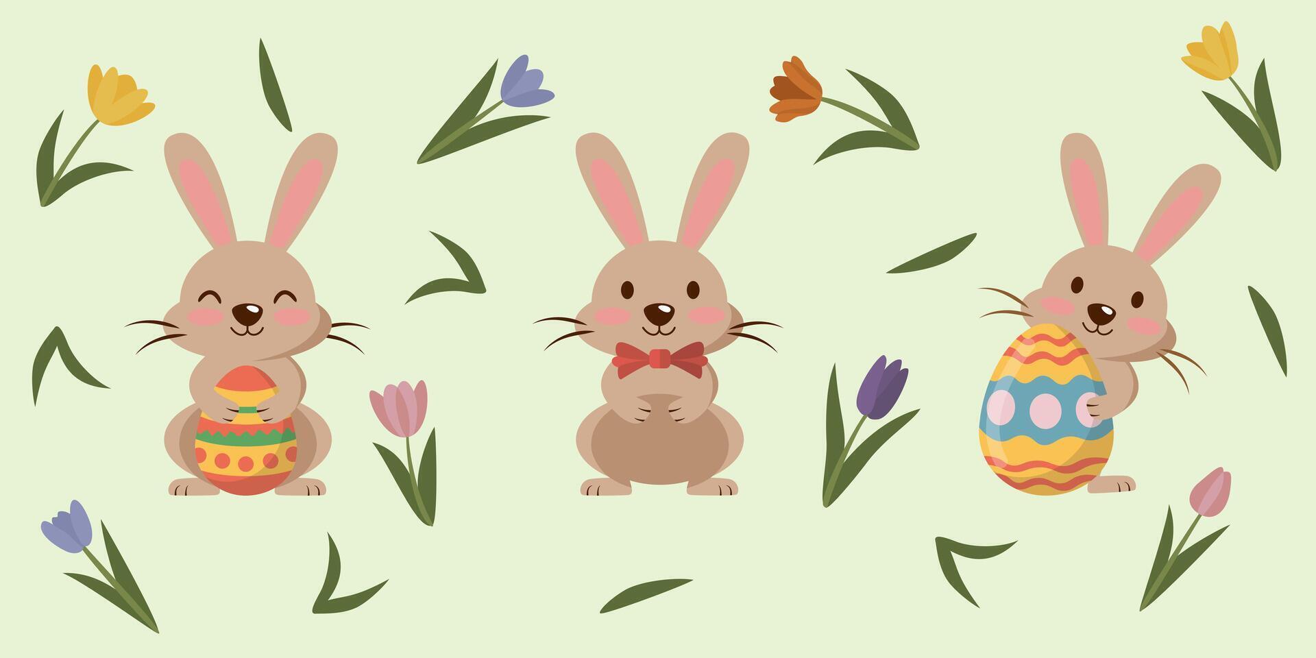 Set of cute Easter bunnies with tulips. vector