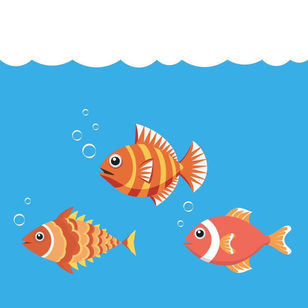 Isolated cute sea fish. Cartoon fish for children development. Varieties of decorative colored fish, flat fish design. vector