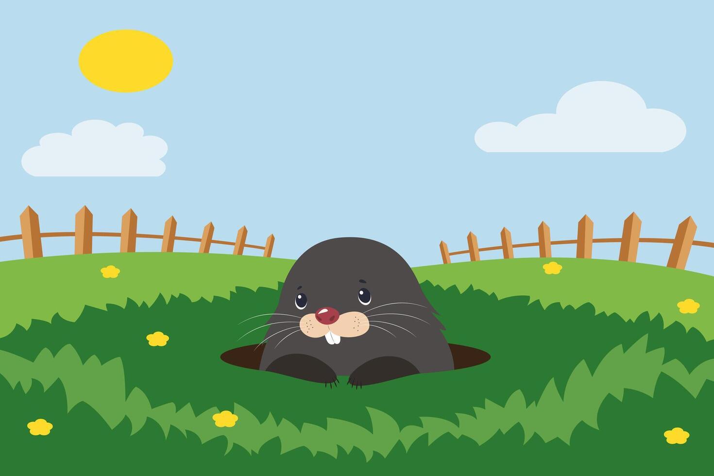 A mole comes out of a hole on a green lawn. Illustration in vector format.