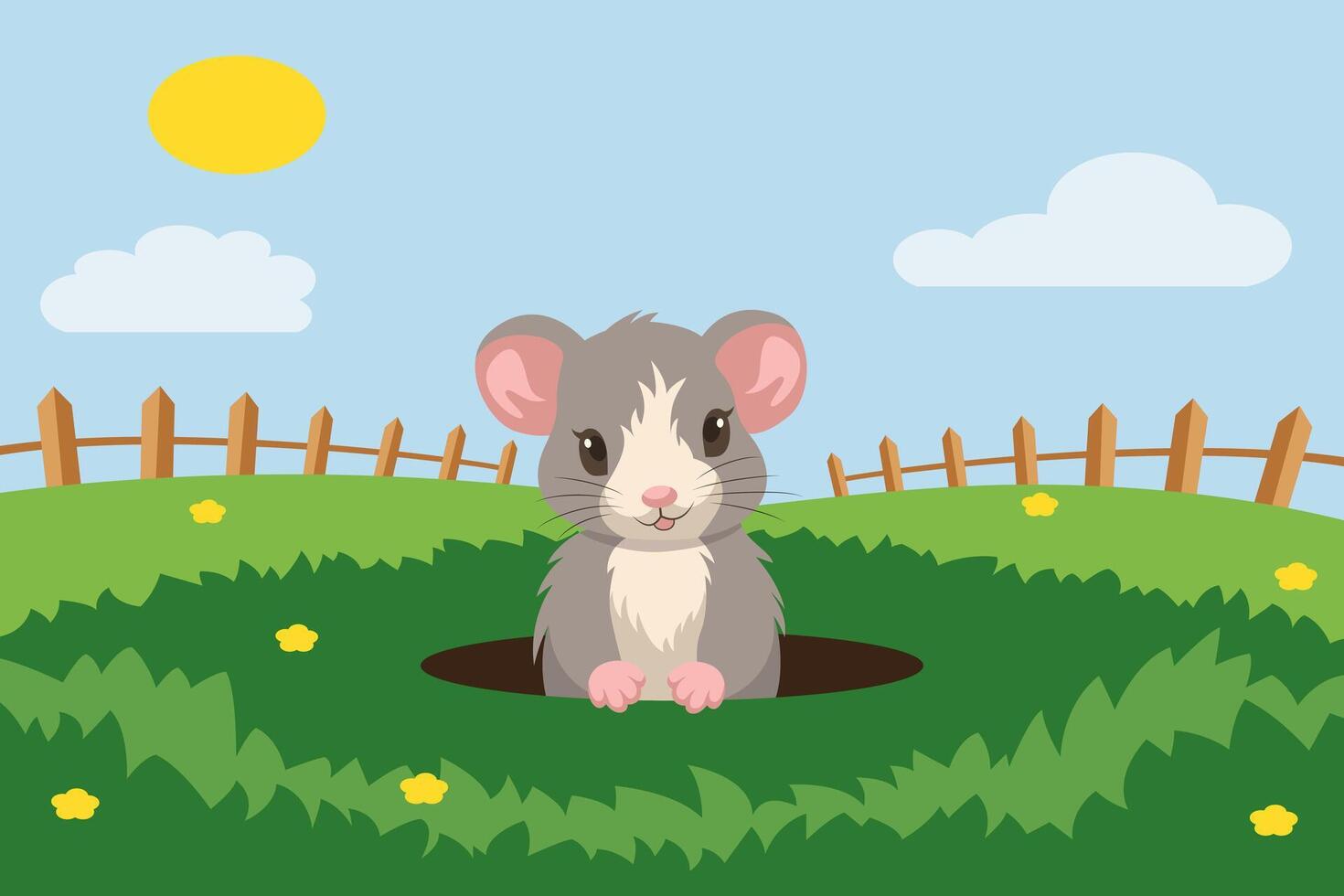 A mouse comes out of a hole on a green lawn. Illustration in vector format.