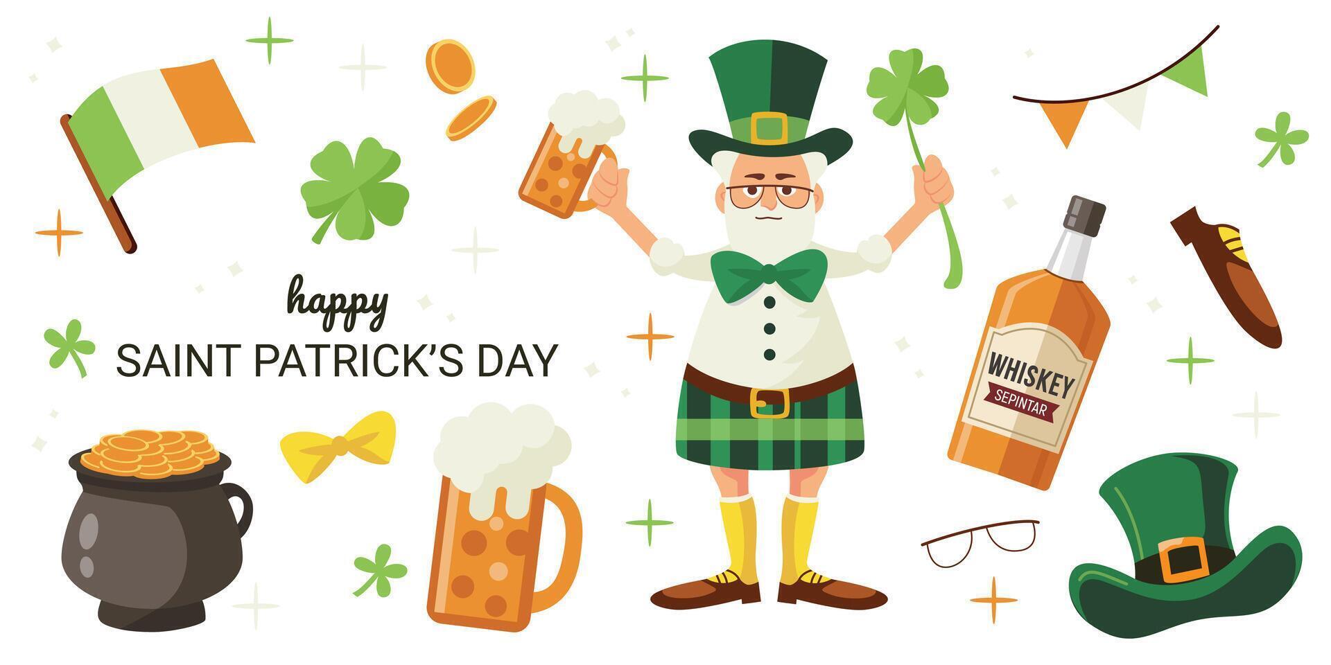 Vector set for St. Patrick's Day. Collection for St. Patrick's Day. Collection with man in Irish skirt, clover, Irish flag and beer, pot with gold coins. The illustration is hand-drawn on a white isol