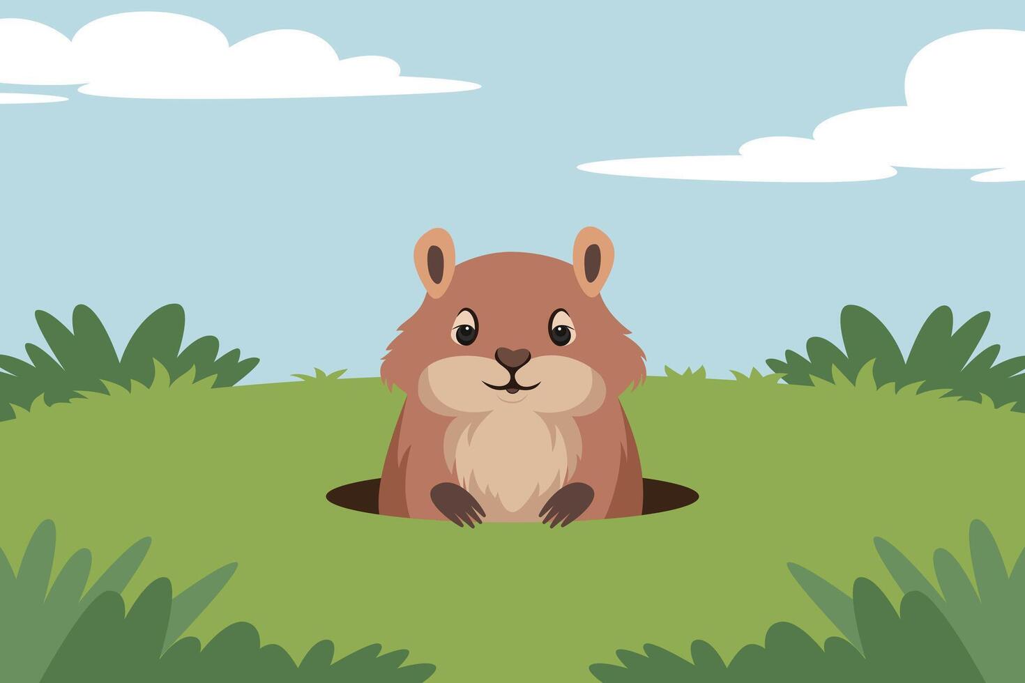 A groundhog comes out of a hole on a green lawn. Illustration in vector format.