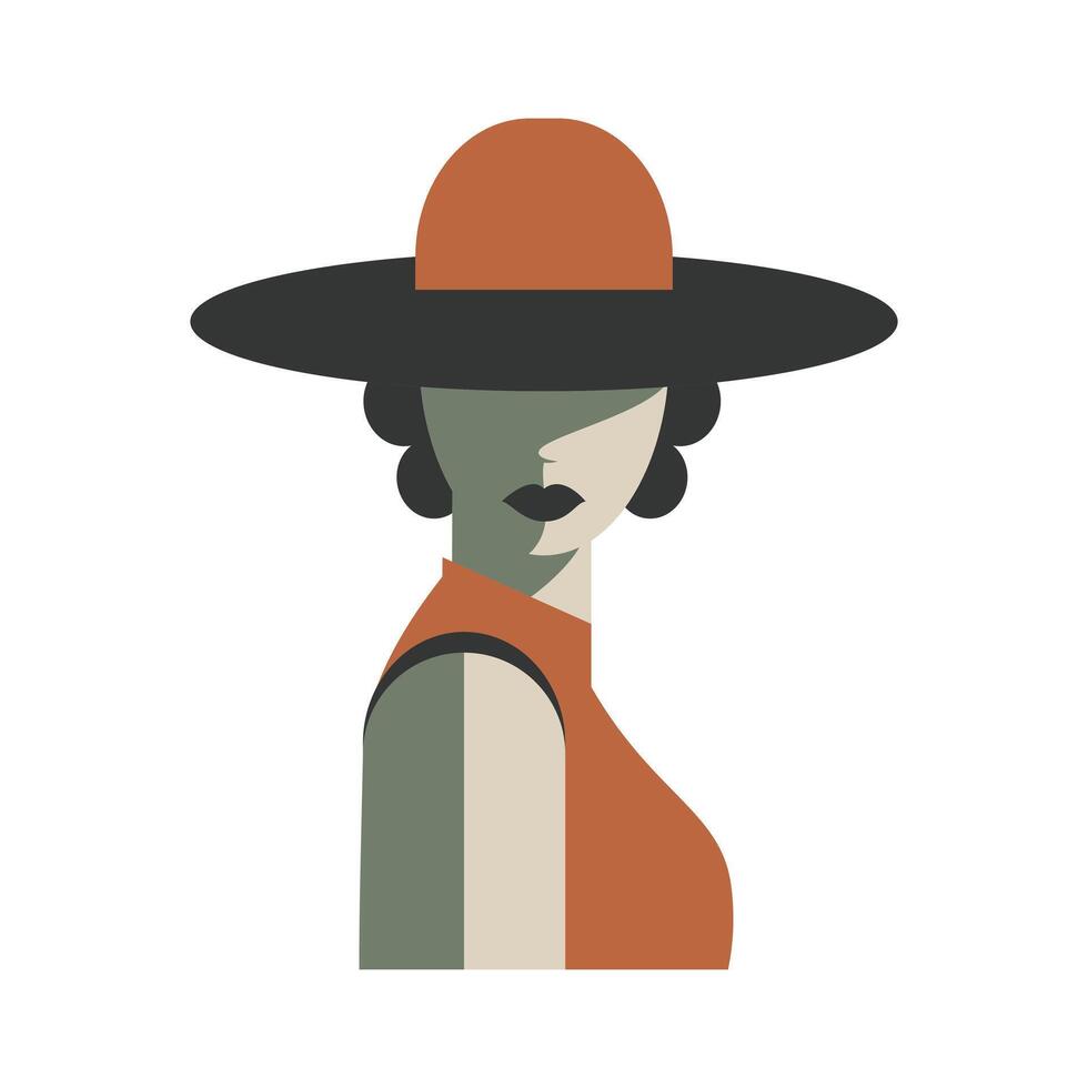 un elegante mujer con No cara y Rizado pelo usa un naranja sombrero. vector